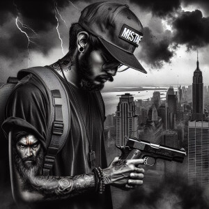 a charcoal image of man standing with their head bowed down, wea...