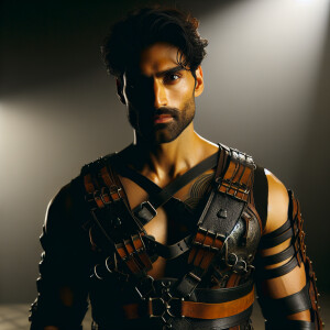 Male dressed in full leather and shirtless with a harness. He is...