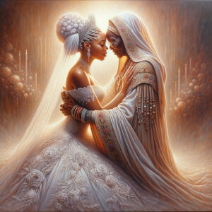 Imagine a hyper-realistic oil painting that captures a tender moment between theAfrican American bride and her God. The setting is intimate and filled with soft, warm lighting that enhances the emotional depth of the scene. The bride, in herexquisite wedding gown, shares a heartfelt embrace with her african-American Lord Jesus , who is dressedin an elegant outfit that complements the wedding's color scheme. Their expressions are full of love, pride, and joy, reflecting the special bond between them. Theattention to detail is paramount, from the intricate designs of their dresses to the subtle emotions conveyed in their facial expressions. The background is a blur ofgentle pastel hues, ensuring that the focus remains on this touching moment. Thispainting should convey the warmth, love, and depth of the relationship, with the rich textures and vibrant strokes characteristic of oil paintings, capturing the essence of this significant pre-wedding moment.