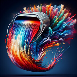 a color splash rainbow image of a flying paint bucket hyperreali...