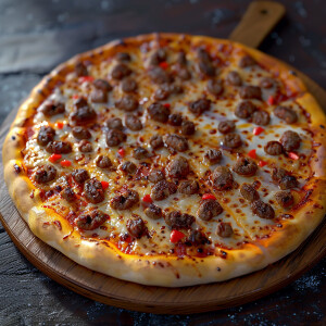 generate a hyper realistic 3D image of a very cheesy juicy sausa...