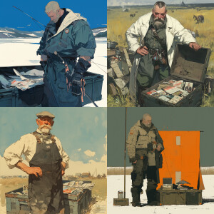 A male fisherman stands near an open chest containing an old mag...