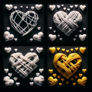 on a black background. write tandled hearts with white and yello...