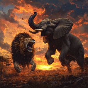 Foreground: An elephant with flared ears and a raised trunk alon...