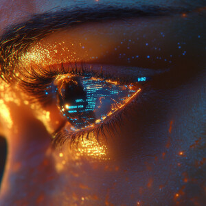Close-up, hyper-realistic image of an advanced futuristic human...