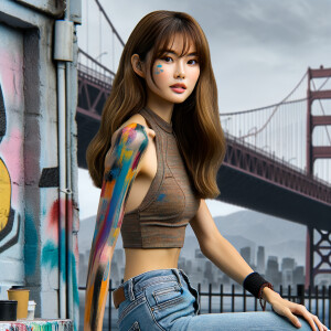 Very thin Athletic Thin skinny Attractive, Asian teenage girl, long brown hair and bangs, wearing tight skinny jeans and a halter top paint marks on her clothing, sitting side view heroic pose Asian graffiti