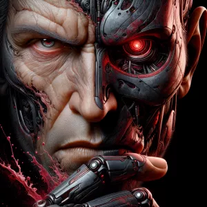A close-up photo of The Terminator's face, rendered in a surreal...
