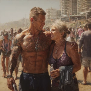 Hyperrealism,v6.a muscular beefy sweaty tattoed australian man w...