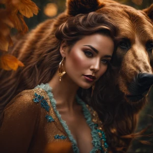 giant bear running after a sexy woman in a forest