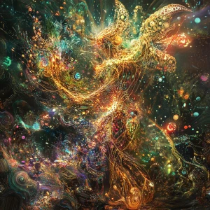 A shimmering, ethereal being, its form a dazzling mix of light a...