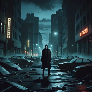 Visualize a dystopian cityscape cloaked in the eerie silence of...