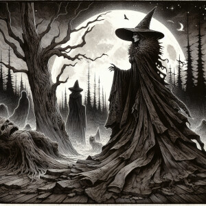A striking, cinematic illustration of a witch standing beside a...