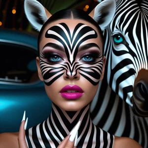 Close-up of a woman's face and neck featuring intricate zebra-st...