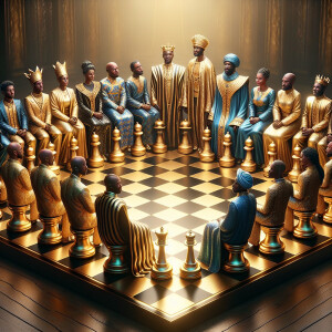 3-D realistic oil, painting,of a gold and black human chessboard...
