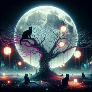 : a tree with no leaves black cats sitting on its branches, two...