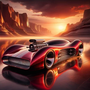 A streamlined, low-slung Futurist jet-engine car, roaring across...