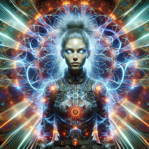 Kirlian photography aesthetic, ultra-realistic cyberpunk female,...