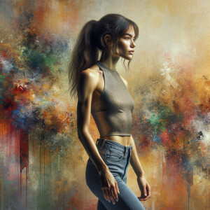 Athletic Thin skinny Attractive, Asian teenage girl, long brown hair and bangs, wearing tight skinny jeans and a halter top paint marks on her clothing, heroic pose Asian graffiti background, side view