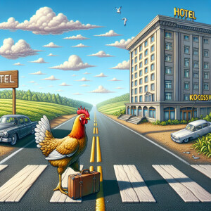 A whimsical scene of a chicken carrying a suitcase, crossing the...