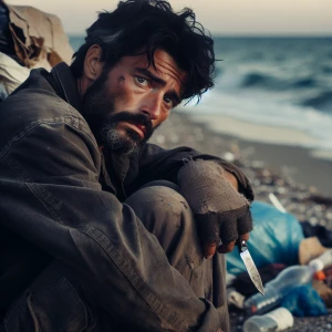 A disgruntled homeless man seated beside a pile of refuse on the...