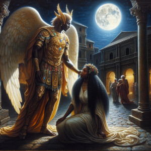 Create an oil painting image featuring a male angel and a grievi...
