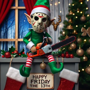 An elf on  the shelf donned in a hockey mask, gripping a blood-d...