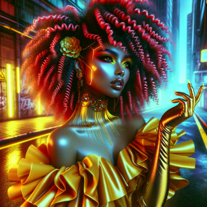 A airbrush image of a honey tone skin curvy woman with ruby red...