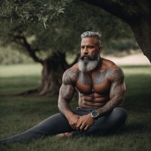 a powerful and self-assured bodybuilder sporting a striking gray...