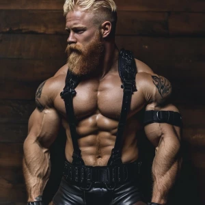 Joe bodybuilder blonde hair and beard wearing a black leather sh...