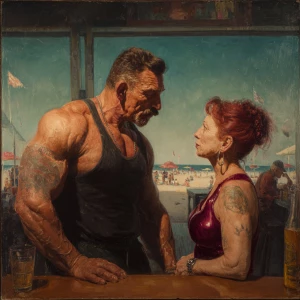 Photo Hyperrealism, painting,a muscular sweaty beefy man standin...
