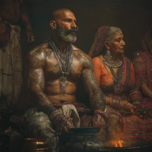 Hyperrealism photo art.a beefy muscular sweaty criminal man ,sit...