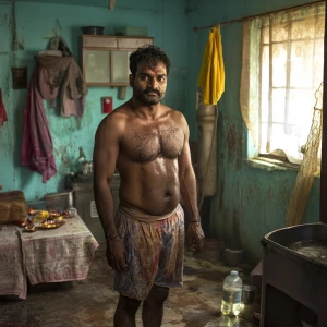 A rugged, muscular Indian man with a history of crime, sweating...