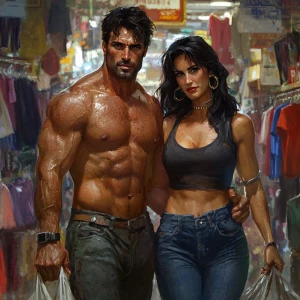 Cinematic painting style,A muscular man, glistening with sweat,...