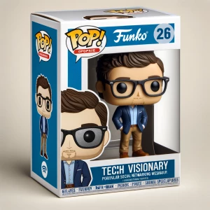 Uma versão Funko de Mark Zuckerberg, dentro de uma caixa moderna...