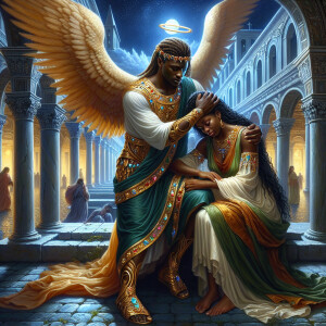 Create an oil painting image featuring a male angel and a grievi...