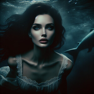 A mermaid with pale skin and cold eyes. Long dark hair. Floating...