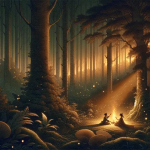 Two lovers seated by a glowing campfire in the heart of the fore...