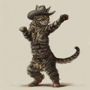 Draw a black and gray tabby cat in a standing position on its hi...