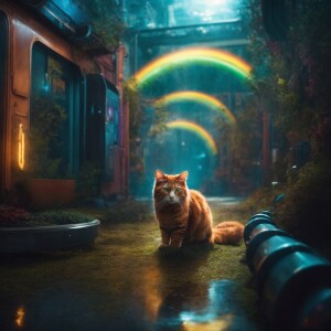 Illustrate a cat with a steampunk theme with rainbow colors grac...