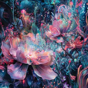 In the midst of a psychedelic vivacious digital garden, intricat...