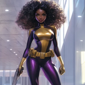 A superheroine stands with commanding grace in an empty room, he...