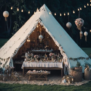 Organize a glamping-themed birthday party for girls featuring a large bell tent adorned with a blend of beach-inspired decorations and festive birthday ornaments. Arrange this celebration on a picturesque farm, complete with a cozy lounge area and a fire pit for added ambiance.