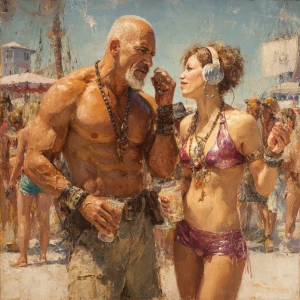 A hyperrealistic depiction of a muscular, beefy, sweaty, dangero...