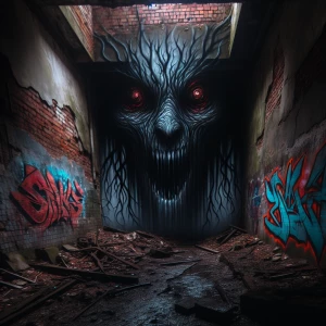 Twisted, nightmarish graffiti covering a decaying urban alleyway, dripping and pulsating with unnatural colors; a shadowy figure with glowing red eyes lurks in the background.