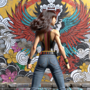 Athletic Thin skinny Attractive, Asian teenage girl, long brown hair and bangs, wearing tight skinny jeans and a halter top paint marks on her clothing, heroic pose Asian graffiti background, backside view