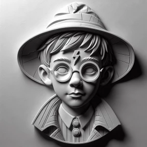 Grayscale 3d bas relief of harry potter, deep shadows, low highl...