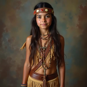 A Native American teen woman, dressed in her tribe's traditional...