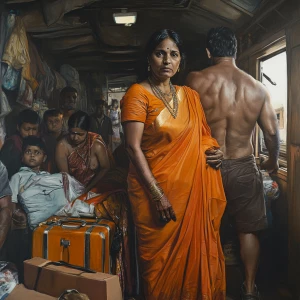 Realism art style,a 54-year-old Gujarati housemaid wearing a bri...