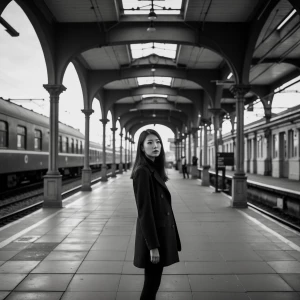 A young woman standing in an old train station