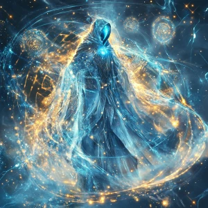 A luminously ethereal elysian warlock, exuding an aura of myster...